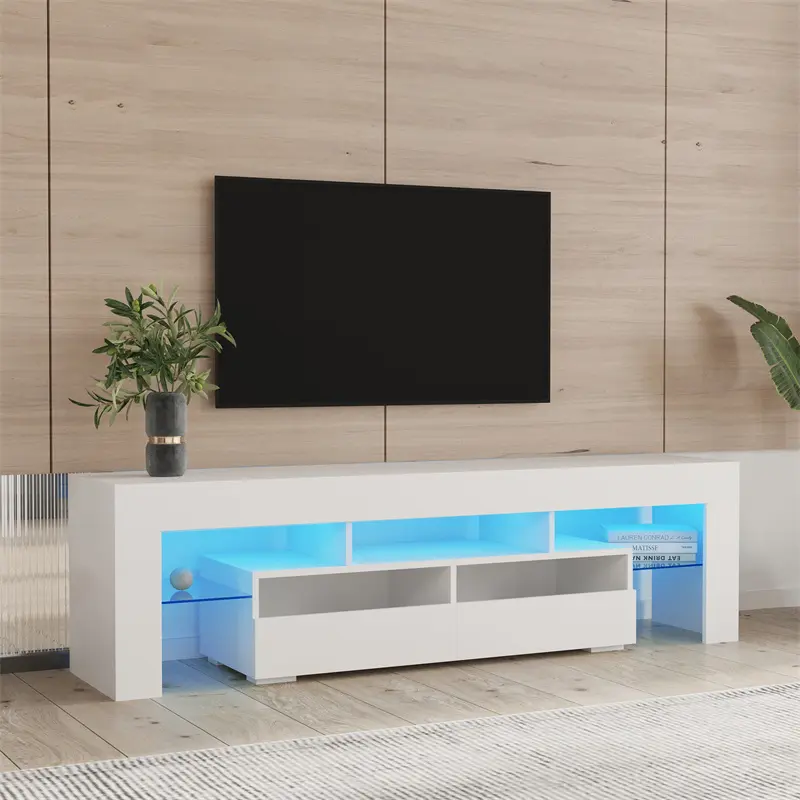 ODM Living Room Furniture TV Stand Cabinet with 2 Drawers & 2 open shelves,20-color RGB LED lights with remote, White color Manufacturer, Exporter