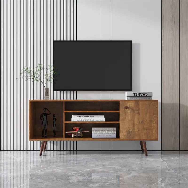 Custom TV Stand Use in Living Room Furniture with 1 storage and 2 shelves Cabinet, high quality particle board, Walnut color Supplier, Exporters