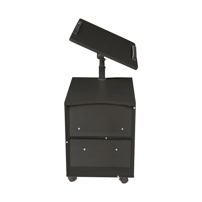 Wholesale Height Adjustable Overbed End Table Wooden Nightstand with Swivel Top, Drawers, Wheels and Open Shelf, Black color Product, Factories