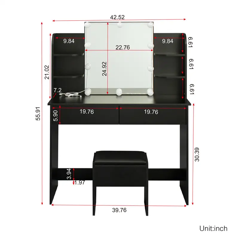 OEM Modern Dressing table with 2 Drawers, 4 open shelves Rectangular Makeup Table with Mirror, 10-lamp bulb, 42.52*15.75* 52.76inch, for Bedroom, Black color Companies, Company