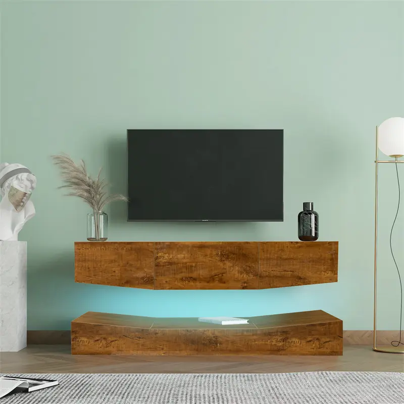 Best MDF UP And Down WALL-MOUNTED TV Cabinet With Three Drawers & LED Lights, Walnut color Manufacturer, Factory