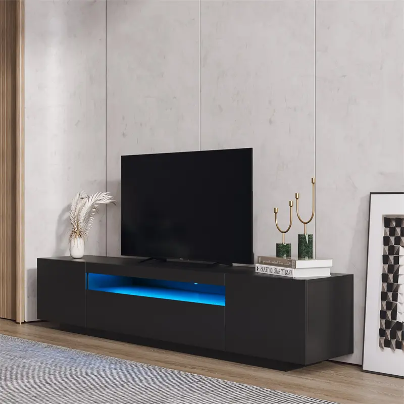 CE Certification TV Cabinet Wholesale, TV Stand with Lights, Modern LED TV Cabinet with Storage Drawers, Living Room Entertainment Center Media, Black color Manufacturer, Pricelist