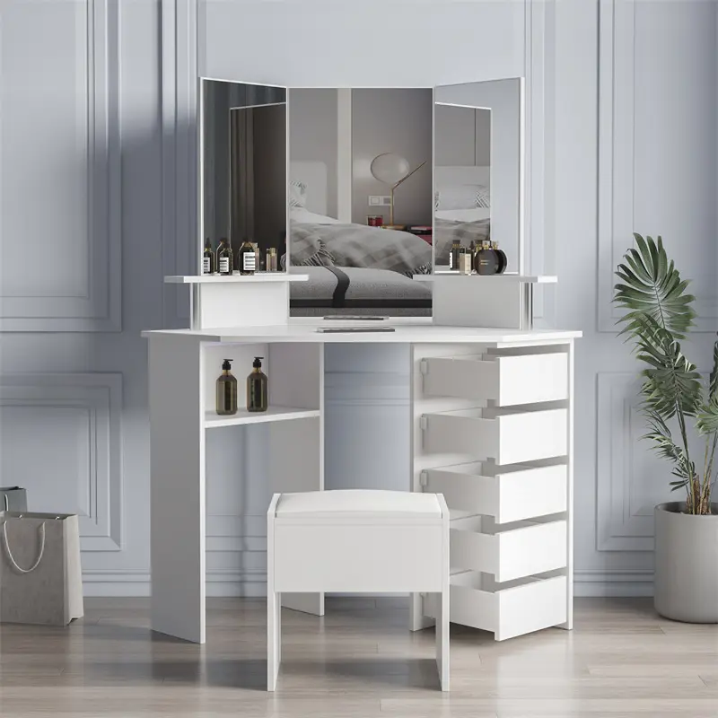 Best Corner dressing table make up desk with three-fold mirror and 5 rotary drawer Wooden Bedroom Vanity Table (White) Exporter, Factories