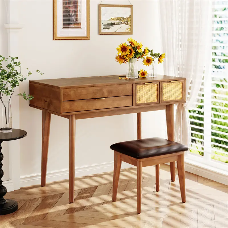 China 43.3" Classic Wood Makeup Vanity Set with Flip-top Mirror and Stool, Dressing Table with Three Drawers and storage space, Brown Companies, Factories