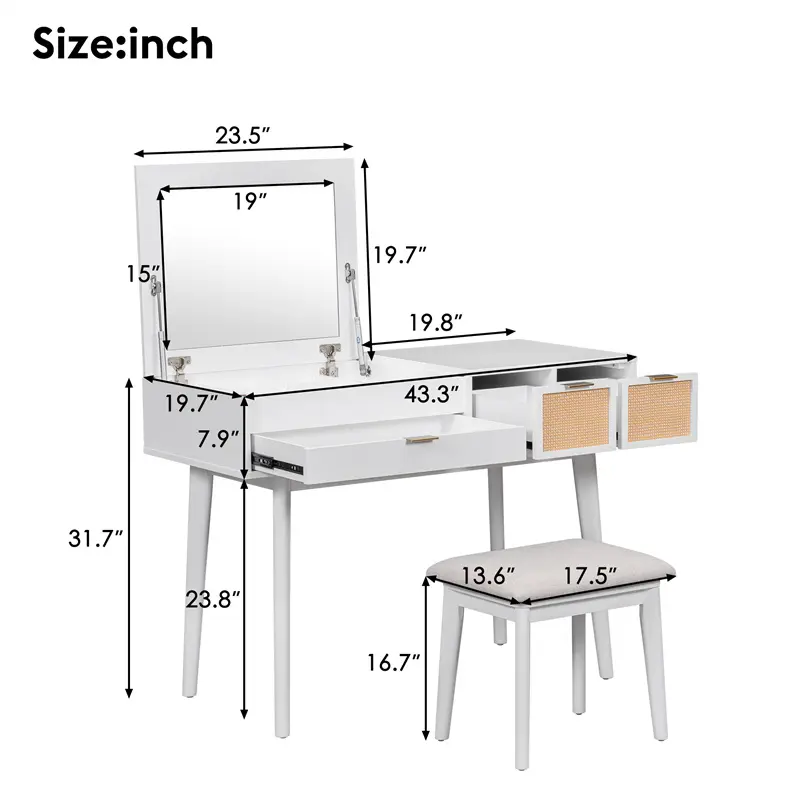 Buy 43.3" Classic Wood Makeup Vanity Set with Flip-top Mirror and Stool, Dressing Table with Three Drawers and storage space, White Companies, Pricelist