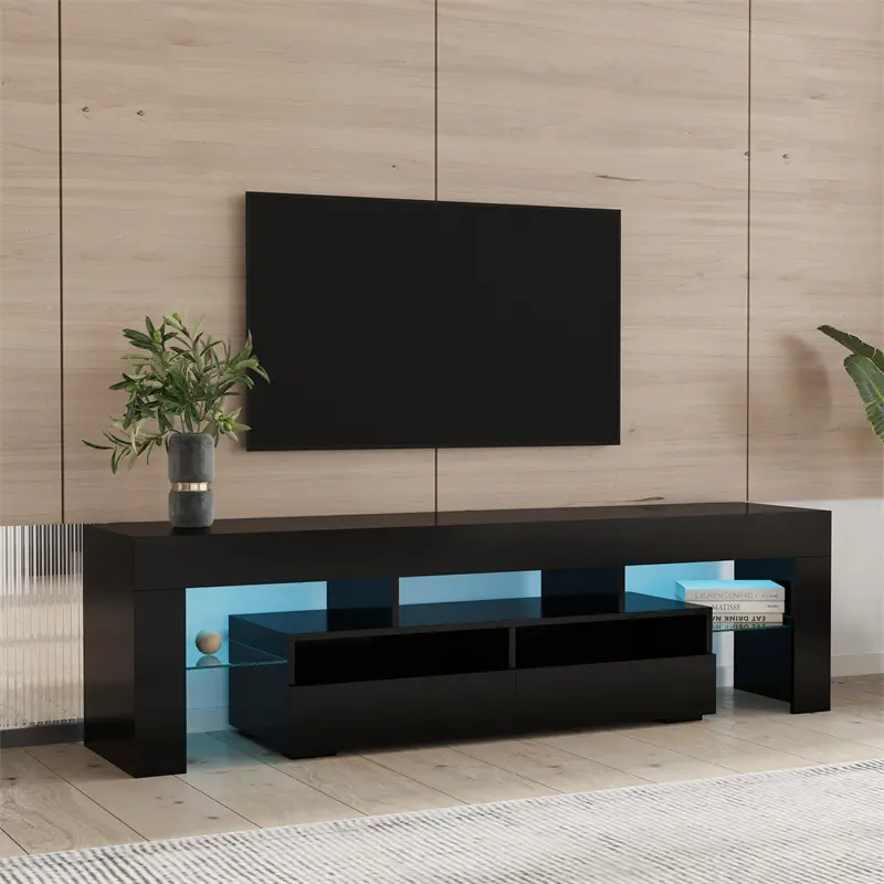 Wholesale Living Room Furniture TV Stand Cabinet with 2 Drawers & 2 open shelves,20-color RGB LED lights with remote, Black color Companies, Exporters
