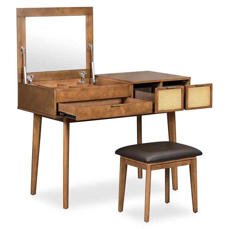 China 43.3" Classic Wood Makeup Vanity Set with Flip-top Mirror and Stool, Dressing Table with Three Drawers and storage space, Brown Companies, Factories