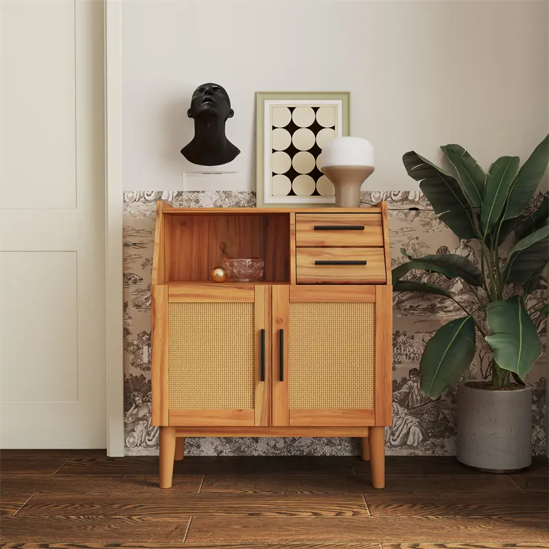 High-Quality Farmhouse Sideboard Buffet Accent Storage Cabinet, with Rattan Doors and drawers, for Hallway, Entryway, Dining Room, or Living Room, Oak color Product, Suppliers