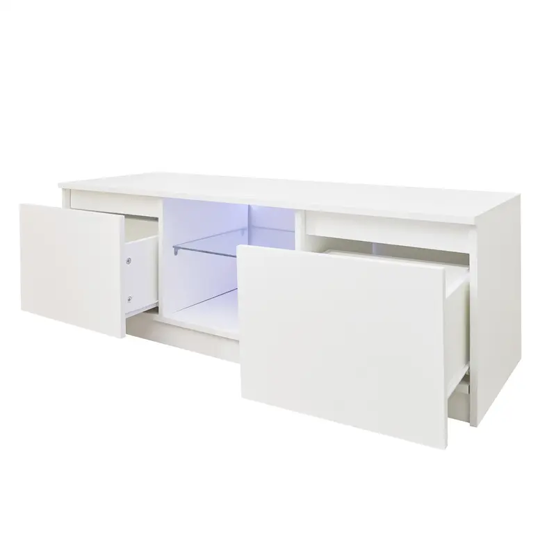 ODM TV Cabinet Wholesale, White TV Stand with Lights, Modern LED TV Cabinet with Storage Drawers, Living Room Entertainment Center Media Console Table Supplier, Factories