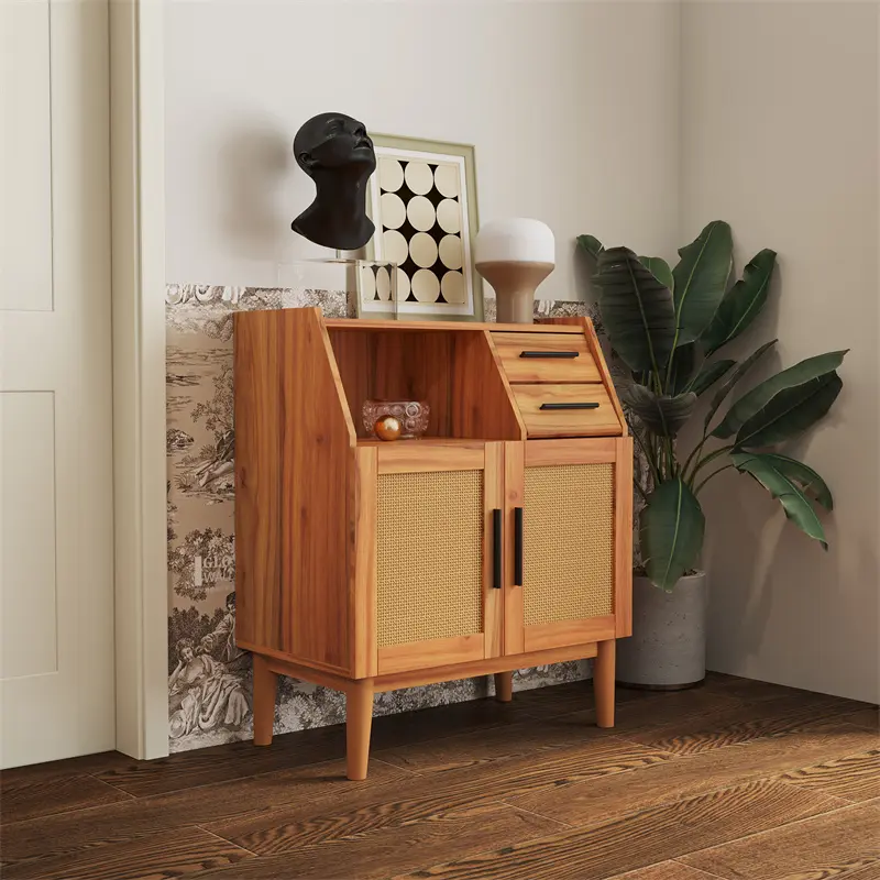 High-Quality Farmhouse Sideboard Buffet Accent Storage Cabinet, with Rattan Doors and drawers, for Hallway, Entryway, Dining Room, or Living Room, Oak color Product, Suppliers
