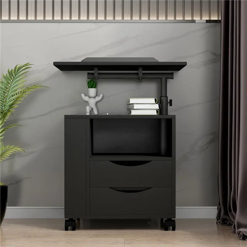 Wholesale Height Adjustable Overbed End Table Wooden Nightstand with Swivel Top, Drawers, Wheels and Open Shelf, Black color Product, Factories