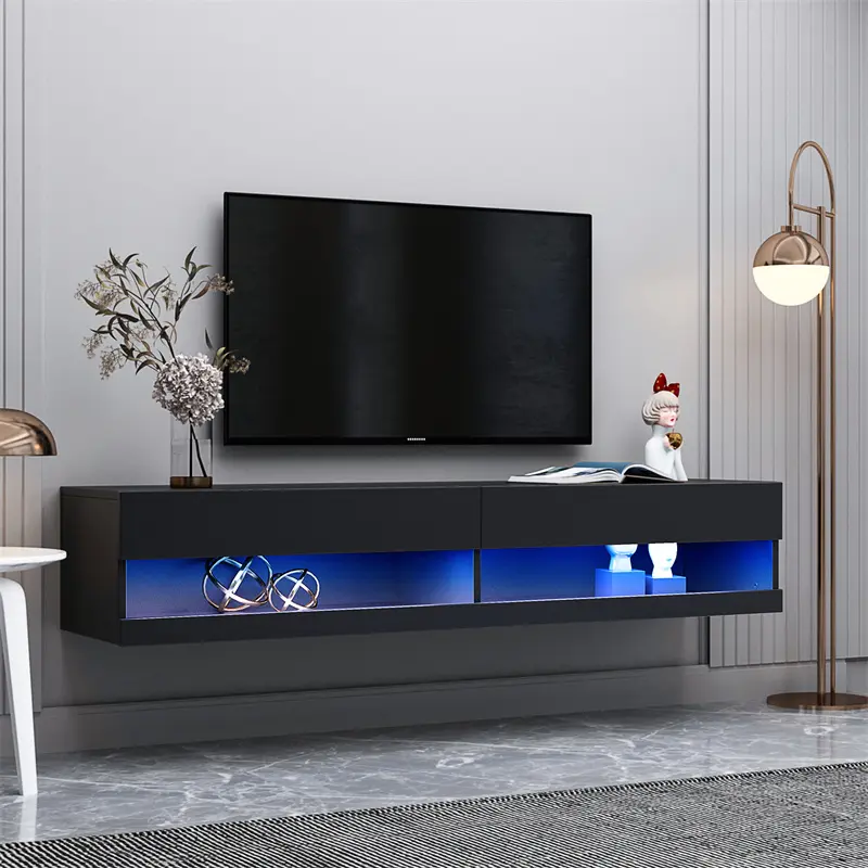 Buy 180 Wall Mounted Floating 80" TV Stand with 20 Color LEDs Black Manufacturer, Companies