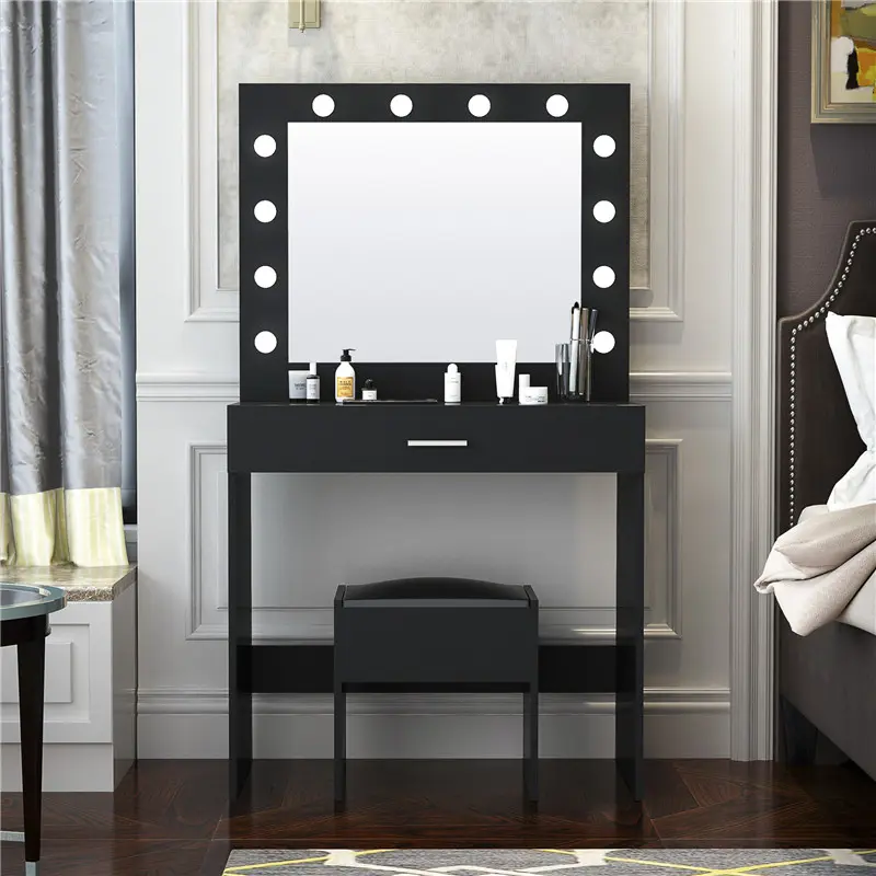 Wholesale Modern Design Bedroom Makeup Dressing Table with Light and Stool Black color Manufacturer, Factories