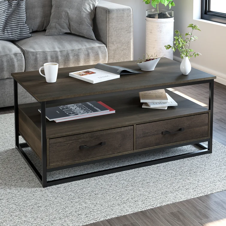Wholesale coffee tables, coffee tables with storage compartments, dark-colored coffee tables, walnut-colored coffee tables, coffee tables with metal legs.