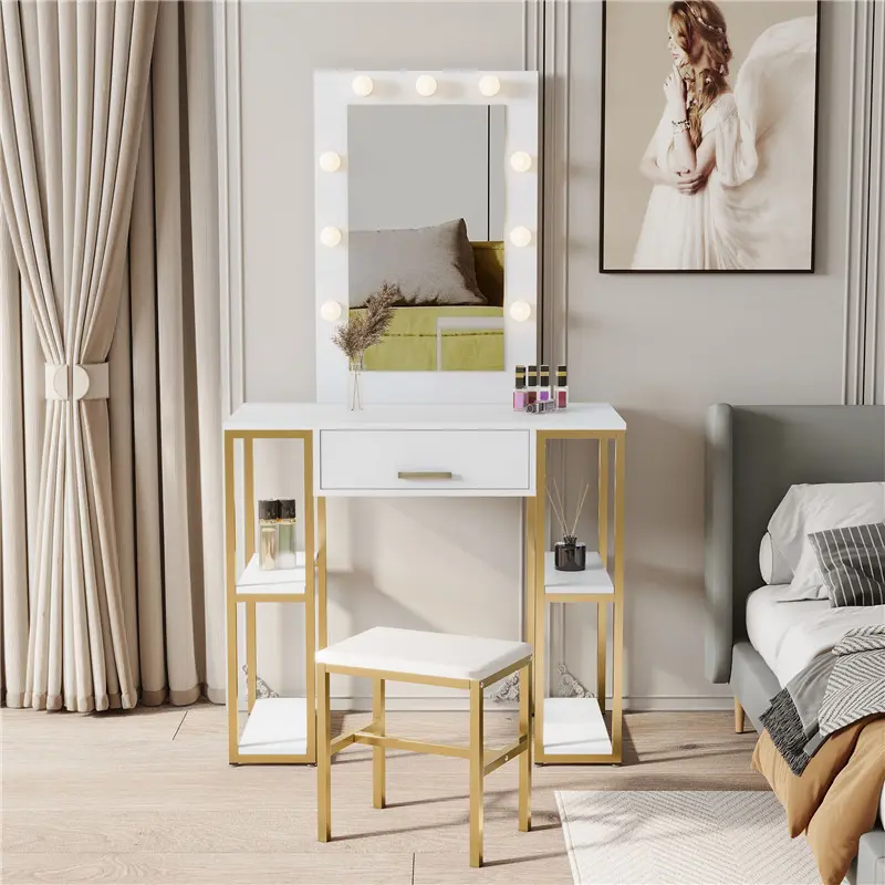 Best White, modern and simple vanity with stool, solid metal frame, large round mirror and storage space Manufacturers, Factory