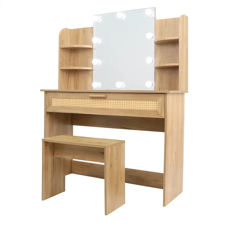 Buy Vanity Desk Set Stool & Dressing Table with LED Lighting Mirror Drawer and Compartments Modern Wood Cosmetic Table Chest of Drawers Nature Color Company, Pricelist