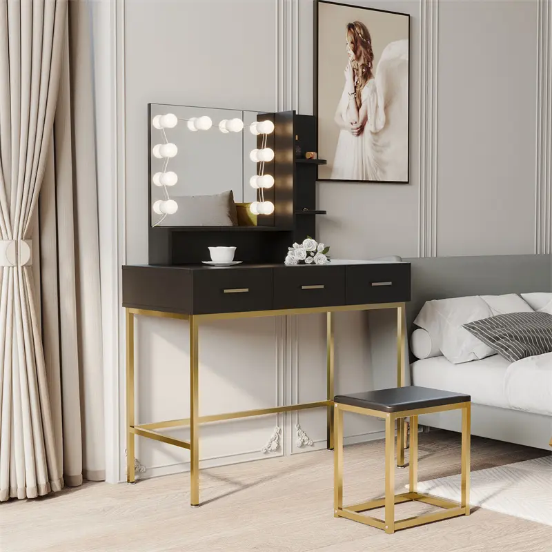 Wholesale Black modern minimalist vanity with stool, solid metal frame construction, large storage space, 10 LED lights illuminate makeup mirror, adjustable brightness Product, Company