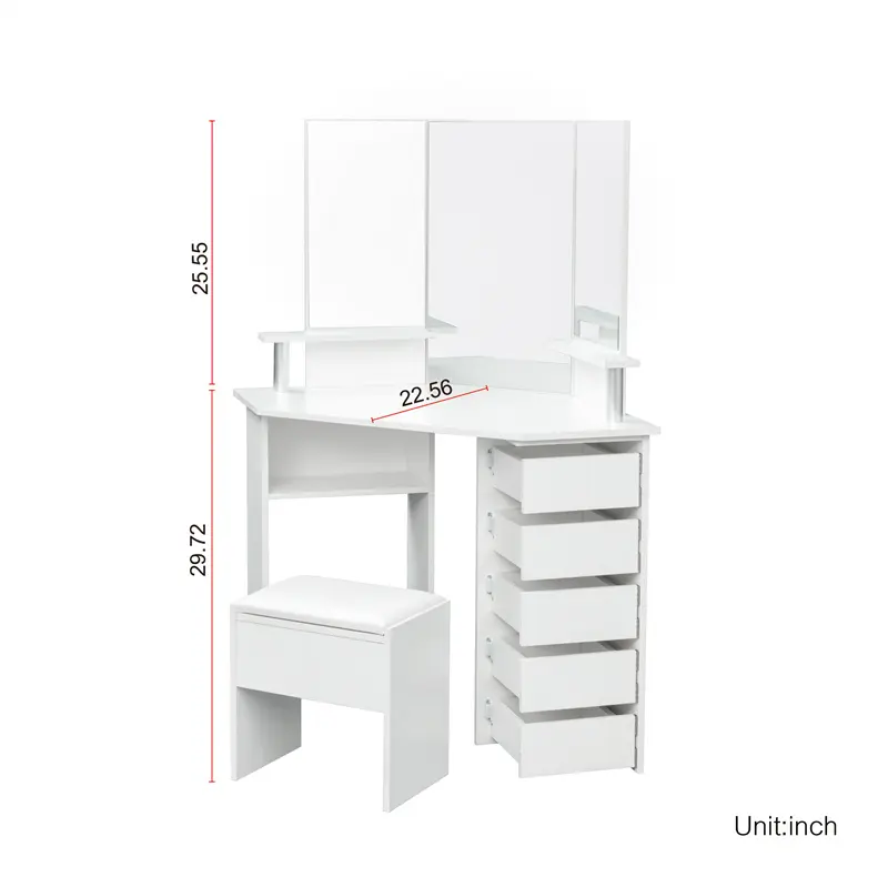 Best Corner dressing table make up desk with three-fold mirror and 5 rotary drawer Wooden Bedroom Vanity Table (White) Exporter, Factories