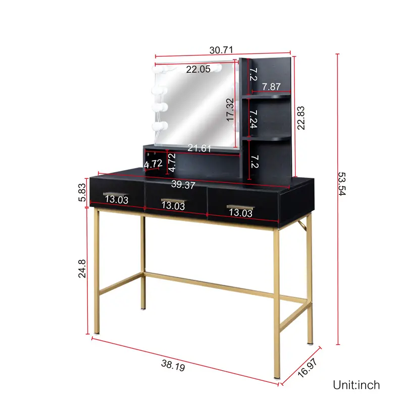 Wholesale Black modern minimalist vanity with stool, solid metal frame construction, large storage space, 10 LED lights illuminate makeup mirror, adjustable brightness Product, Company