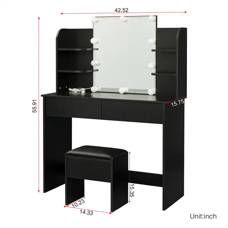 OEM Modern Dressing table with 2 Drawers, 4 open shelves Rectangular Makeup Table with Mirror, 10-lamp bulb, 42.52*15.75* 52.76inch, for Bedroom, Black color Companies, Company