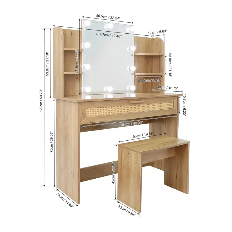 Buy Vanity Desk Set Stool & Dressing Table with LED Lighting Mirror Drawer and Compartments Modern Wood Cosmetic Table Chest of Drawers Nature Color Company, Pricelist