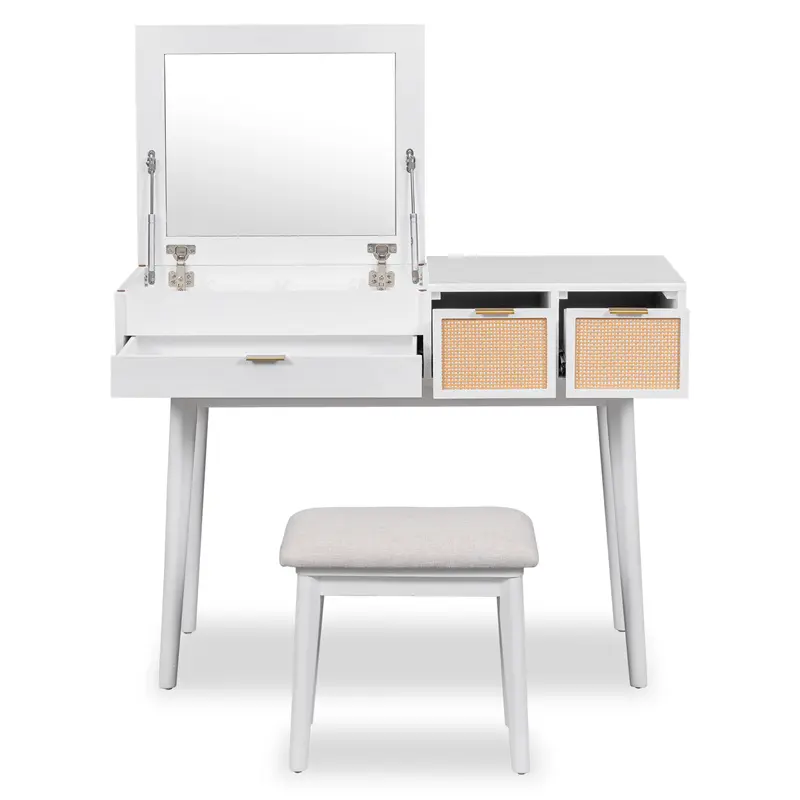 Buy 43.3" Classic Wood Makeup Vanity Set with Flip-top Mirror and Stool, Dressing Table with Three Drawers and storage space, White Companies, Pricelist
