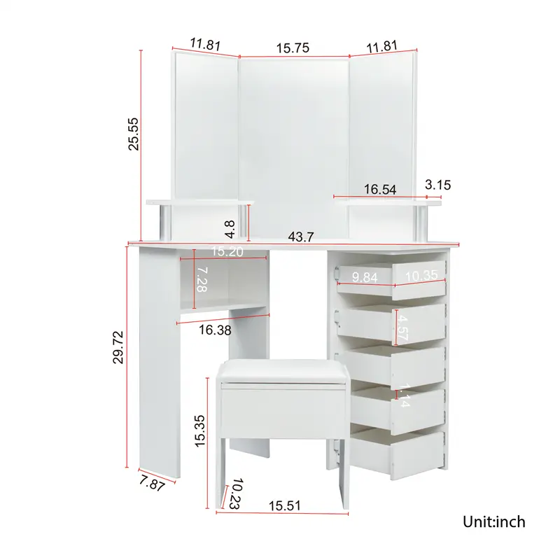 Best Corner dressing table make up desk with three-fold mirror and 5 rotary drawer Wooden Bedroom Vanity Table (White) Exporter, Factories