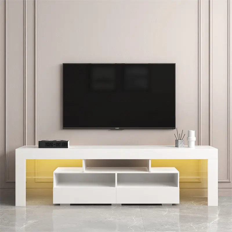 ODM Living Room Furniture TV Stand Cabinet with 2 Drawers & 2 open shelves,20-color RGB LED lights with remote, White color Manufacturer, Exporter