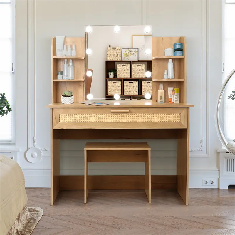 Buy Vanity Desk Set Stool & Dressing Table with LED Lighting Mirror Drawer and Compartments Modern Wood Cosmetic Table Chest of Drawers Nature Color Company, Pricelist