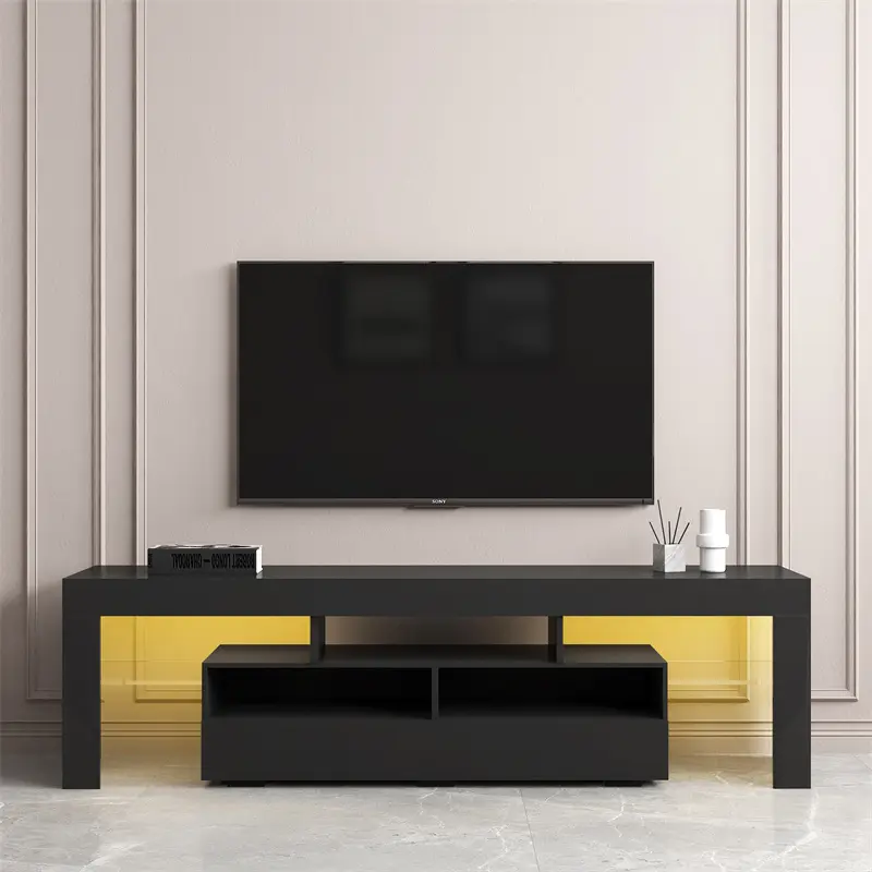 Wholesale Living Room Furniture TV Stand Cabinet with 2 Drawers & 2 open shelves,20-color RGB LED lights with remote, Black color Companies, Exporters