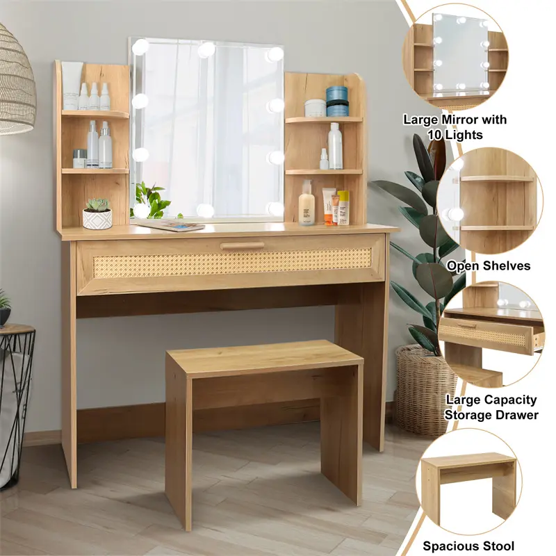 Buy Vanity Desk Set Stool & Dressing Table with LED Lighting Mirror Drawer and Compartments Modern Wood Cosmetic Table Chest of Drawers Nature Color Company, Pricelist