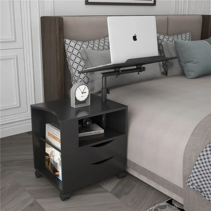 Wholesale Height Adjustable Overbed End Table Wooden Nightstand with Swivel Top, Drawers, Wheels and Open Shelf, Black color Product, Factories