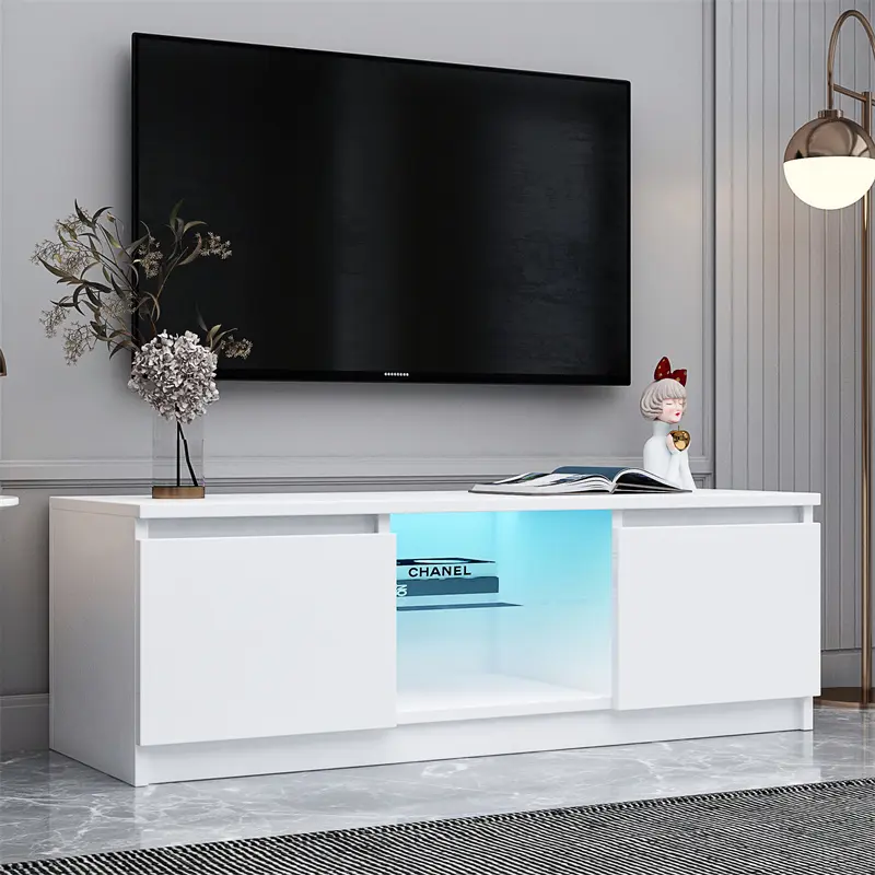 ODM TV Cabinet Wholesale, White TV Stand with Lights, Modern LED TV Cabinet with Storage Drawers, Living Room Entertainment Center Media Console Table Supplier, Factories