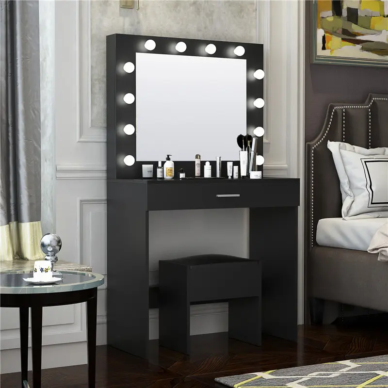Cheap Modern Design Bedroom Makeup Dressing Table with Light and Stool, Black color Supplier, Exporter