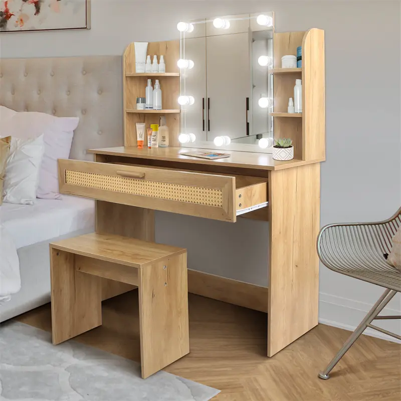 Buy Vanity Desk Set Stool & Dressing Table with LED Lighting Mirror Drawer and Compartments Modern Wood Cosmetic Table Chest of Drawers Nature Color Company, Pricelist