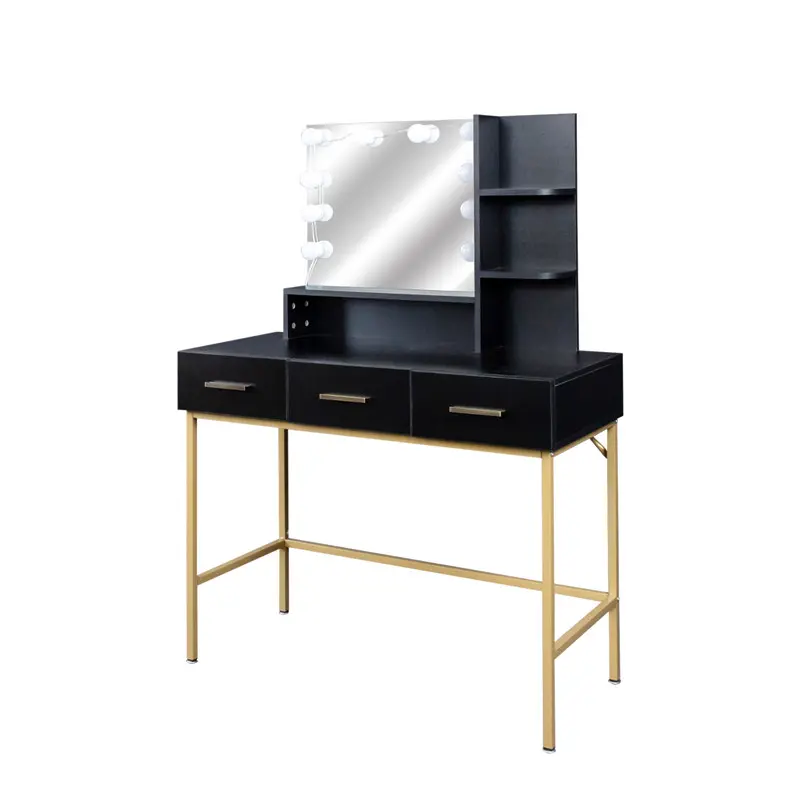 Famous Black modern minimalist vanity, solid metal frame construction, large storage space, 10 LED lights illuminate makeup mirror, adjustable brightness Manufacturer, Exporter