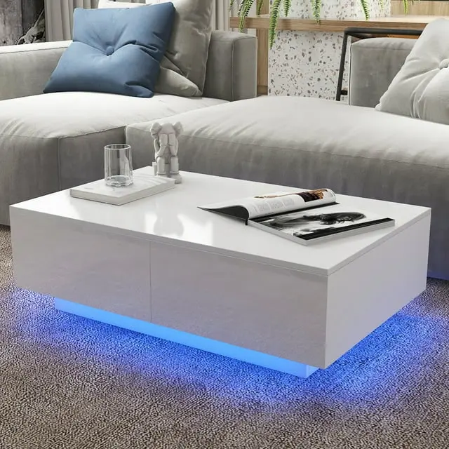 CE Certification Rectangular LED Coffee Table with 4 Drawers High Gloss White Finish Modern Living Room Furniture Sofa Side Cocktail Table Supplier, Products