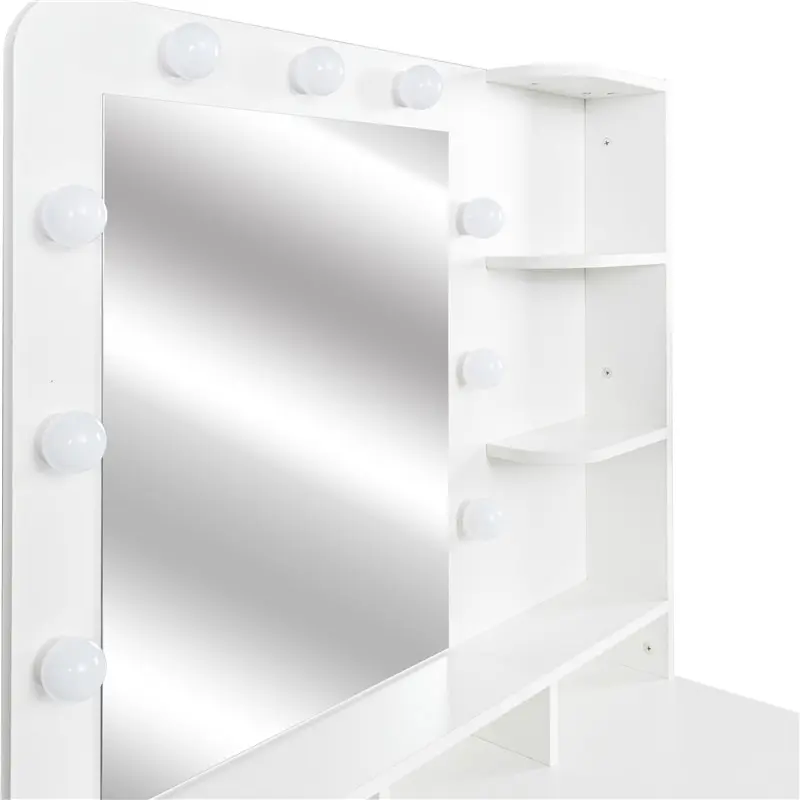 High-Quality White modern simple vanity with stool, solid metal frame construction, 9 LED lights illuminate makeup mirror, adjustable brightness Supplier, Product