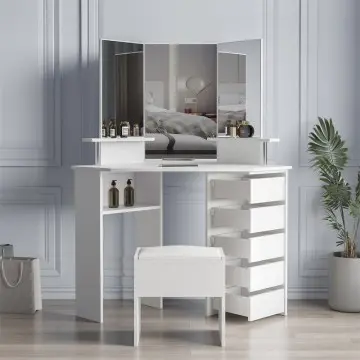 Corner dressing table makeup desk with three-fold mirror and 5 rotary drawers - Union Furnishings