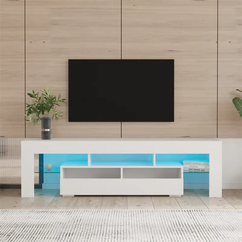 ODM Living Room Furniture TV Stand Cabinet with 2 Drawers & 2 open shelves,20-color RGB LED lights with remote, White color Manufacturer, Exporter