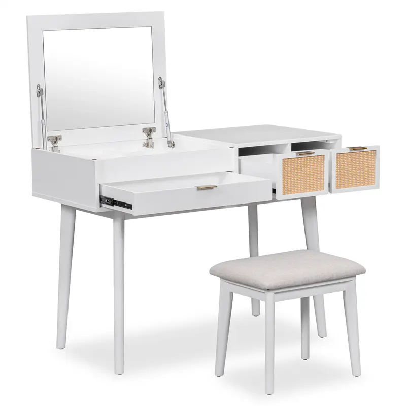 Buy 43.3" Classic Wood Makeup Vanity Set with Flip-top Mirror and Stool, Dressing Table with Three Drawers and storage space, White Companies, Pricelist