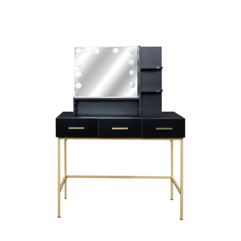 Wholesale Black modern minimalist vanity with stool, solid metal frame construction, large storage space, 10 LED lights illuminate makeup mirror, adjustable brightness Product, Company