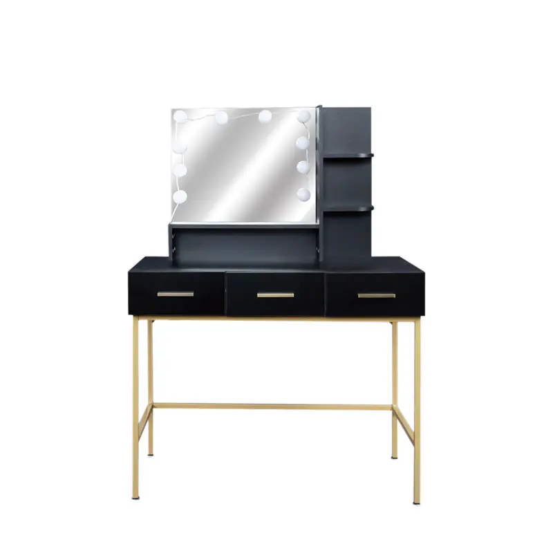 Famous Black modern minimalist vanity, solid metal frame construction, large storage space, 10 LED lights illuminate makeup mirror, adjustable brightness Manufacturer, Exporter
