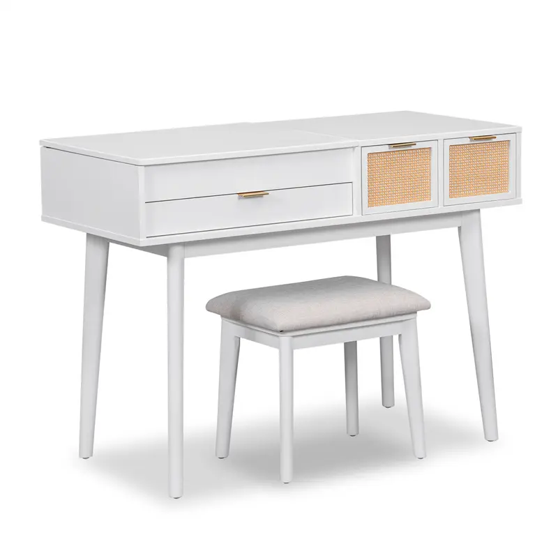 Buy 43.3" Classic Wood Makeup Vanity Set with Flip-top Mirror and Stool, Dressing Table with Three Drawers and storage space, White Companies, Pricelist