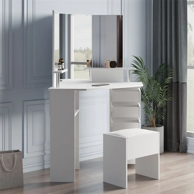 Best Corner dressing table make up desk with three-fold mirror and 5 rotary drawer Wooden Bedroom Vanity Table (White) Exporter, Factories