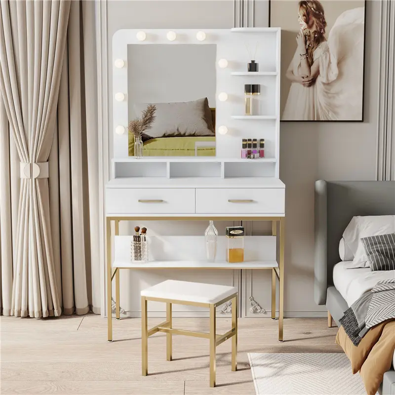 High-Quality White modern simple vanity with stool, solid metal frame construction, 9 LED lights illuminate makeup mirror, adjustable brightness Supplier, Product