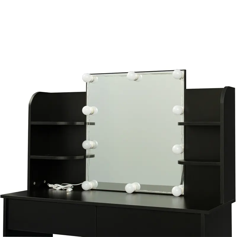 OEM Modern Dressing table with 2 Drawers, 4 open shelves Rectangular Makeup Table with Mirror, 10-lamp bulb, 42.52*15.75* 52.76inch, for Bedroom, Black color Companies, Company