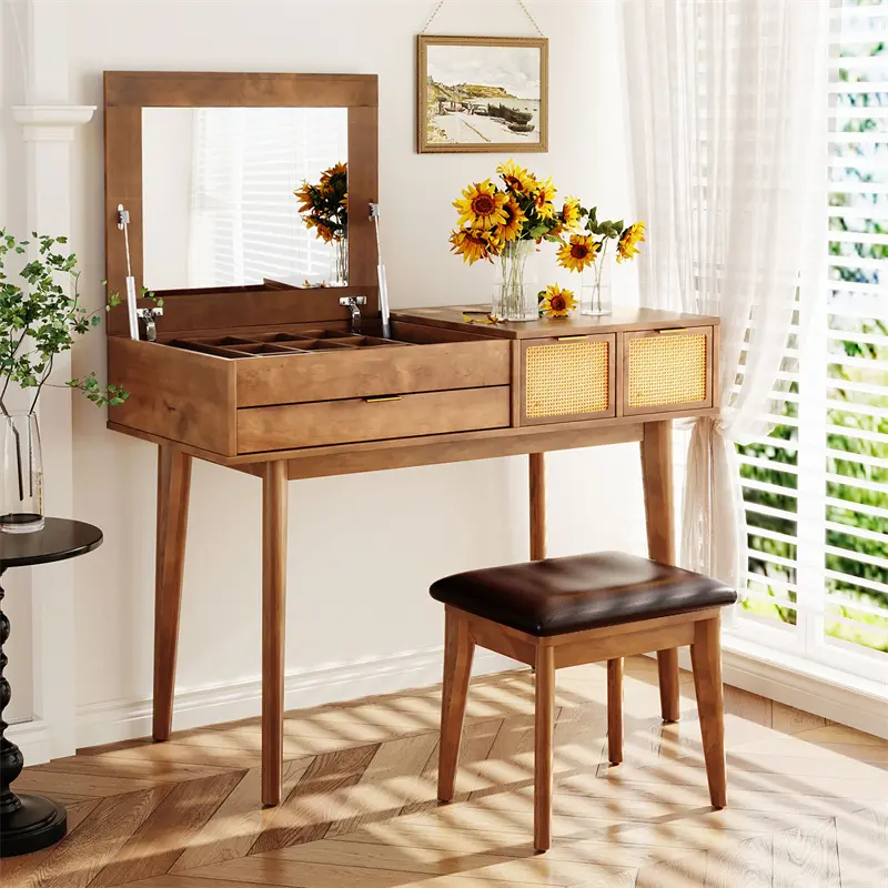China 43.3" Classic Wood Makeup Vanity Set with Flip-top Mirror and Stool, Dressing Table with Three Drawers and storage space, Brown Companies, Factories