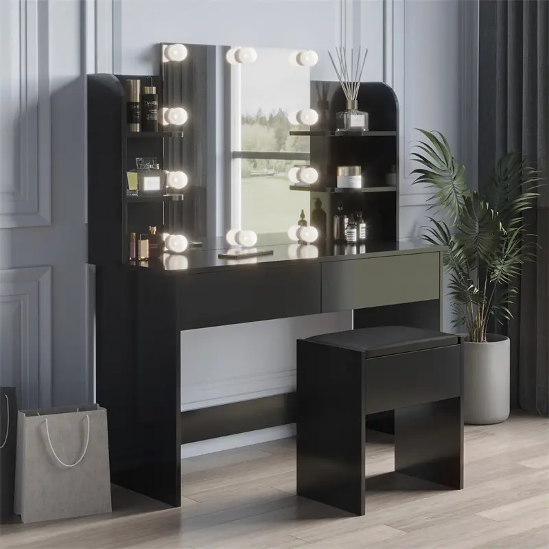 OEM Modern Dressing table with 2 Drawers, 4 open shelves Rectangular Makeup Table with Mirror, 10-lamp bulb, 42.52*15.75* 52.76inch, for Bedroom, Black color Companies, Company