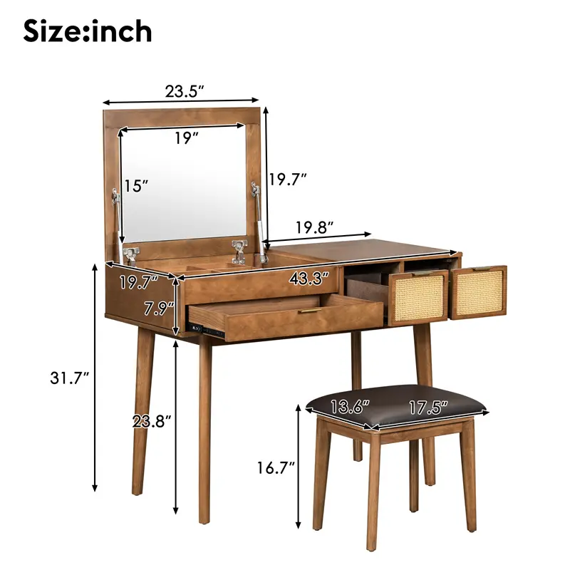 China 43.3" Classic Wood Makeup Vanity Set with Flip-top Mirror and Stool, Dressing Table with Three Drawers and storage space, Brown Companies, Factories